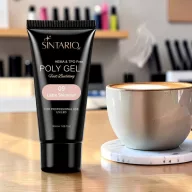 Sintario Polygél Latte Shimmer – meleg tejeskávé-bézs árnyalat sűrű aranyfehér csillámmal, 30ml