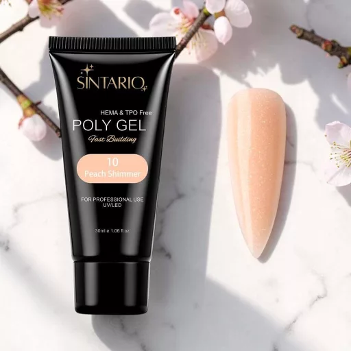 Sintario Polygél Peach Shimmer – meleg barack árnyalat finom arany csillámmal, 30ml