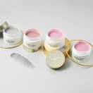 Clavier Reflective Építőzselé – Twinky Pinky 30g: rózsaszín építőzselé arany csillámokkal és Flash & Shine pelyhekkel