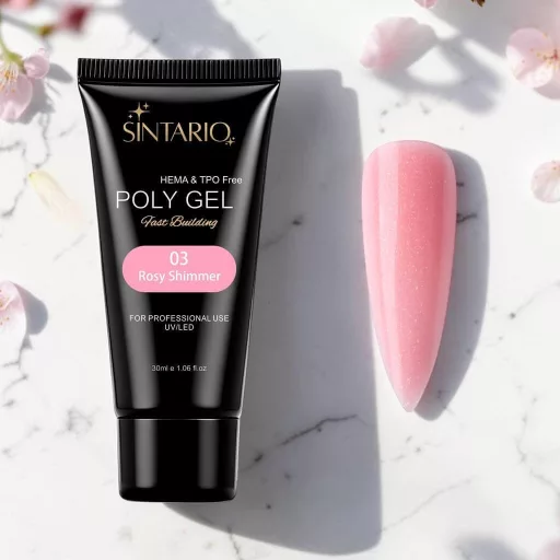 Sintario Polygél Rosy Shimmer – HEMA mentes, klasszikus rózsaszín finom csillámos akrilzselé, 30ml tubus