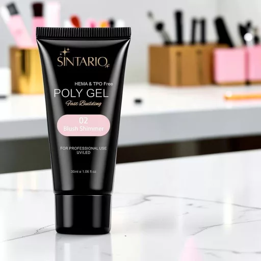 Sintario Polygél Blush Shimmer – halvány meleg rózsásfehér árnyalat finom ezüstös csillámmal, 30ml