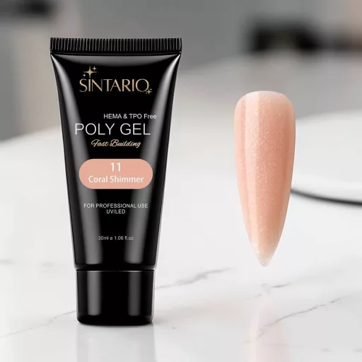 Sintario Polygél Coral Shimmer – HEMA mentes, meleg barackos-korall finom csillámos akrilzselé, 30ml tubus